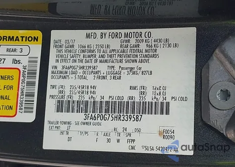 2017 Ford Fusion S z USA, uszkodzony, nr VIN 3FA6P0G75HR339587